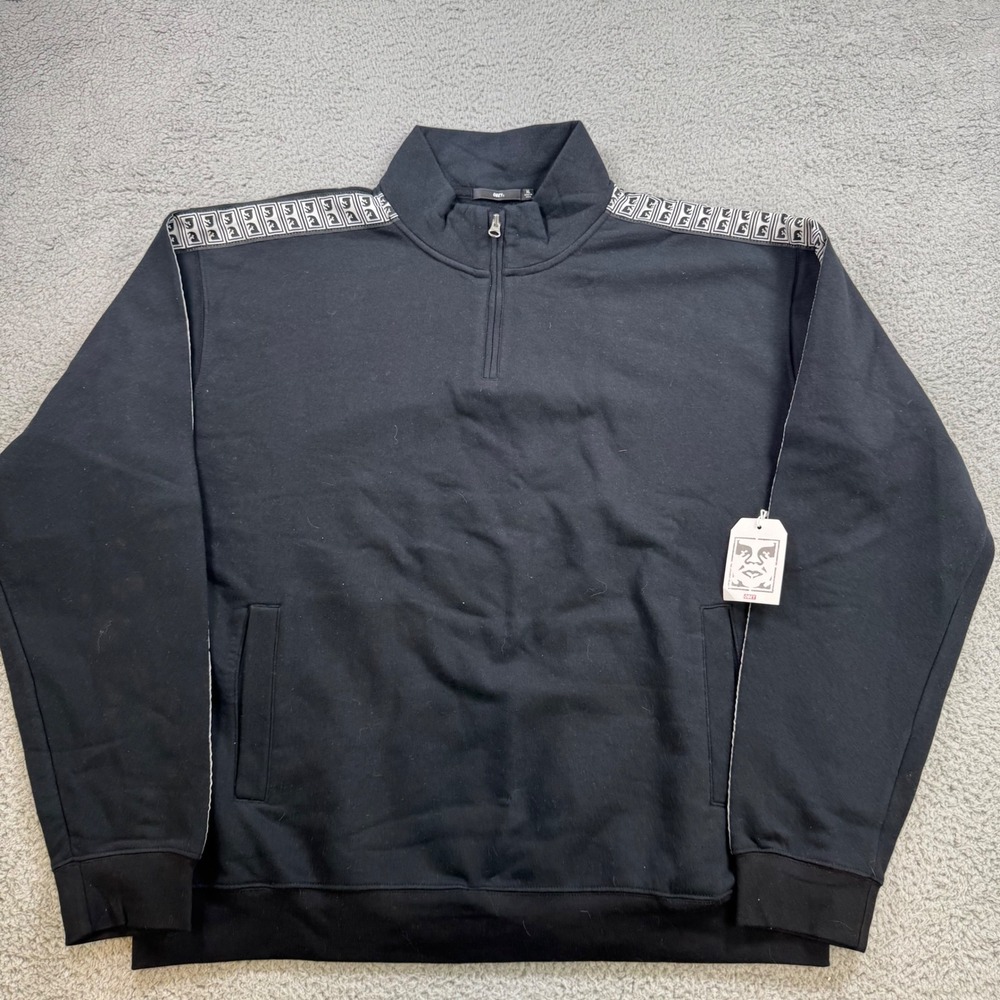 Obey Black Quarter-Zip Sweatshirt with Logo Tape Shoulders